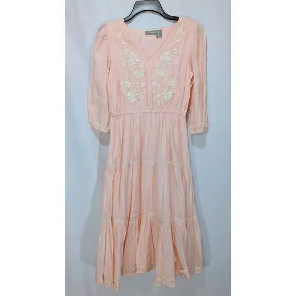 Lucky Brand Embroidered Cotton Tiered Midi Dress Pink Small - Picture 1 of 8
